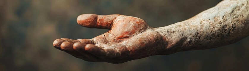 Fototapeta premium Close-up of a dirty, weathered hand reaching out, symbolizing hard work, struggle, and human resilience.