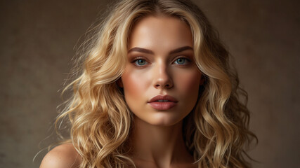 Fototapeta premium A woman with blonde curly hair gazes directly with a neutral expression against a warm earthy background.