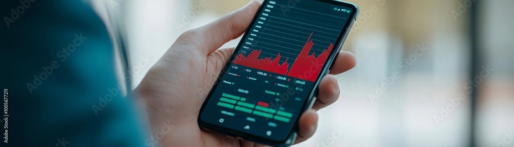 Poster close-up of a hand holding a smartphone displaying stock market data with dynamic charts and indicat