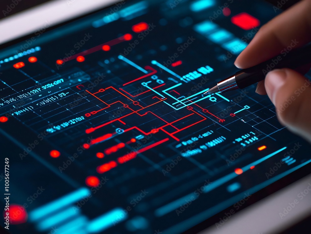 Poster close-up of a hand interacting with a digital interface, showcasing advanced data visualization and 