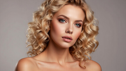 A graceful woman with curly blonde hair and nude lipstick exuding peace and elegance against a muted backdrop.