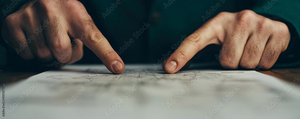 Poster Close-up of hands pointing at a document, emphasizing detailed examination and analysis in a professional setting.