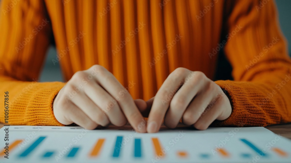 Poster close-up of hands resting on a report with colorful charts, showcasing focus on data analysis and pr