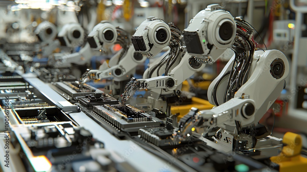 Poster industrial robots working on assembly line automation technology