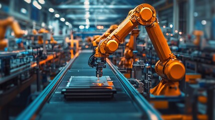 Naklejka premium Industrial Robot Arm on Assembly Line Manufacturing Automation