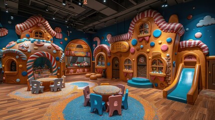 Obraz premium A whimsical candy-themed playroom filled with vibrant colors and playful structures for children. Generative AI