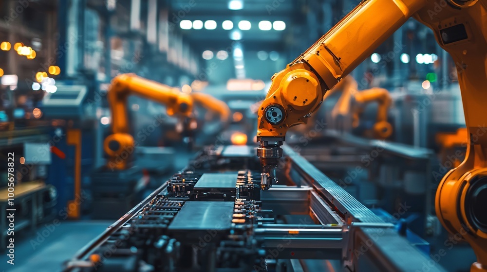 Poster industrial robot arm assembly line automation factory production