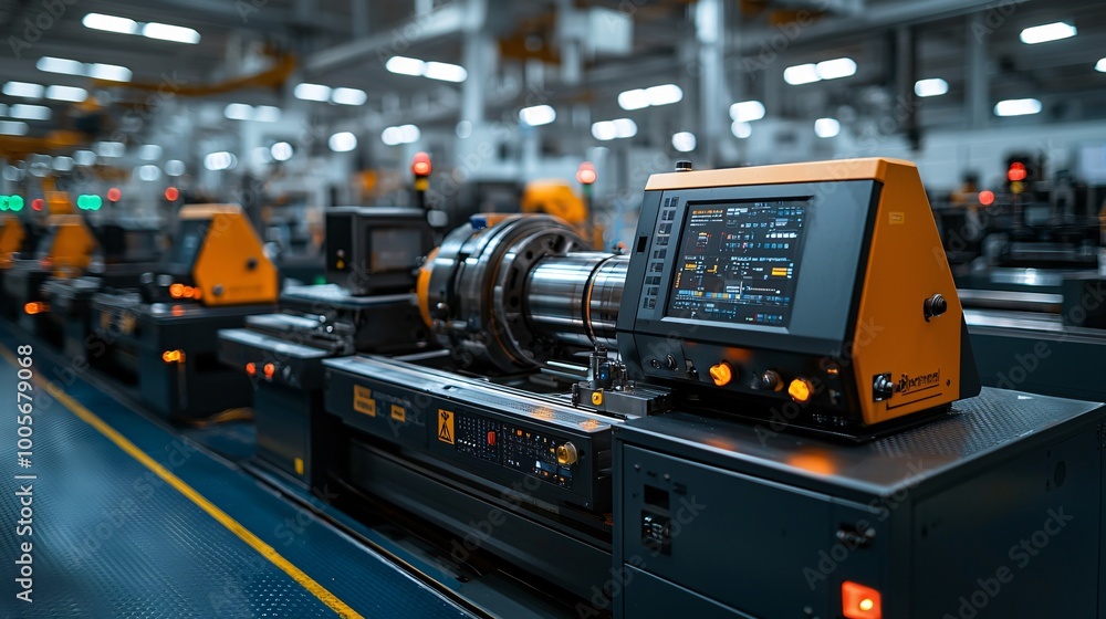 Poster industrial machine with control panel and digital display in factory