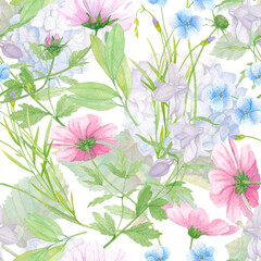 Fototapeta premium Delicate flowers. Floral drawing, watercolor seamless pattern on white background.