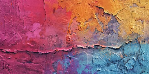 Naklejka premium Close-up of a vibrant abstract texture featuring colorful layers of paint in red, orange, yellow, blue, and purple hues.