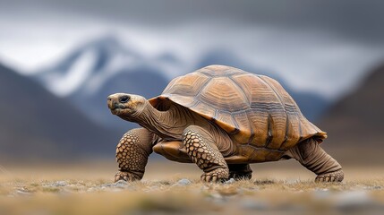 Obraz premium A large tortoise is walking across a rocky, mountainous landscape