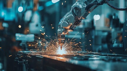 Industrial Robot Arm Welding Metal Sparks Factory Automation