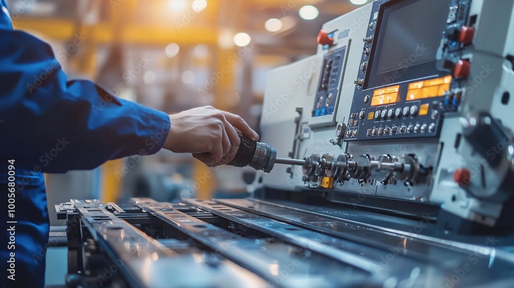 Poster industrial worker operating cnc machine with digital display