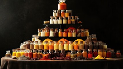 A pyramid of glass jars filled with various spices on a dark background.