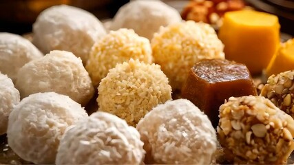Traditional Indian sweets like laddu and pedha, popular during festivals, showcasing the variety and richness of Indian desserts, celebrated during Diwali, Diwali, laddu, traditional sweets