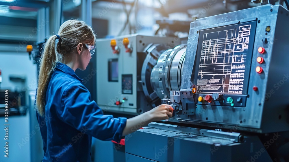 Poster female engineer operating cnc machine in factory