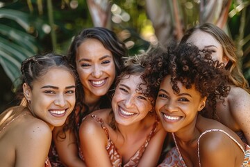 Fototapeta premium Joyful diverse women embracing in nature, friendship concept