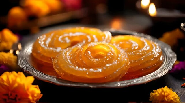 Golden-orange jalebis on a silver tray, dripping with sugar syrup, surrounded by Diwali diyas, marigold flowers, and colorful rangoli patterns, showcasing festive delight, Diwali, jalebi, sweets