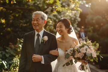 Bride walking with elderly man in sunny garden