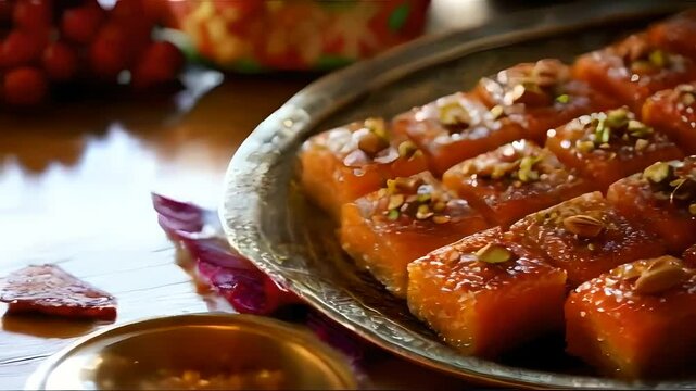 Top view of plate filled with traditional Indian sweets, basbousa topped with almonds and pistachios, offering a delightful fusion of flavors, perfect for celebrations, Diwali, basbousa, sweets
