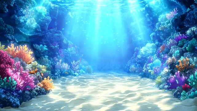 Underwater coral reef with sun rays beaming through clear blue water. Seamless looping 4K video background