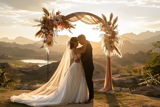 Couple embracing at sunset wedding, floral arch with mountain ba