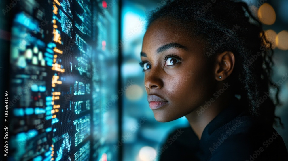 Poster a woman stares at a computer screen with a lot of numbers and letters on it