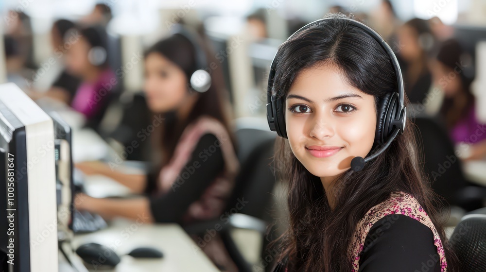 Poster smiling customer service agent in modern call center with ample copy space on white background