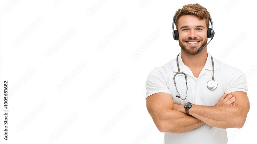 Poster friendly customer service agent in modern call center smiling with headset on white background - cop