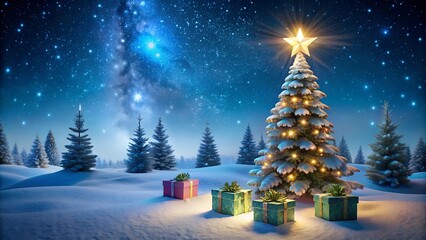 christmas tree and gift boxes on snow in night