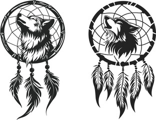 Obraz premium Wolf Dreamcatcher Tribal Design. Intricate Vector Art Set