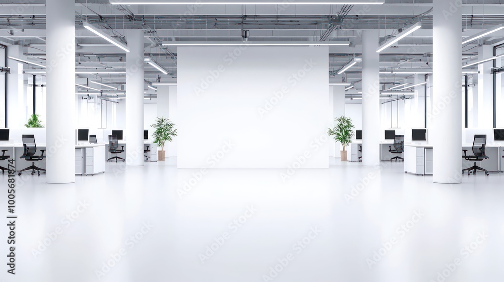 Poster efficient business call center setup with empty desks for marketing campaigns