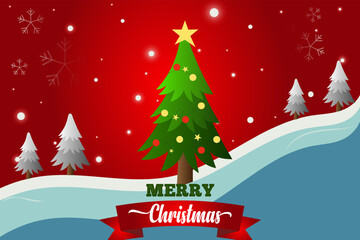 Winter holiday Merry Christmas and advanced new year greetings vector template, poster with eye catching christmas trees, snowflakes and gradient background red color combination