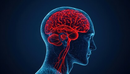 Obraz premium Illustration of a human brain with red neural pathways on a dark background.