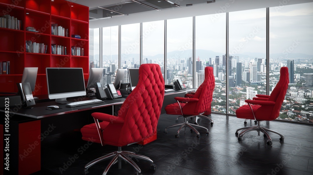 Poster futuristic customer service center with sleek design and copy space wall for text | modern technolog