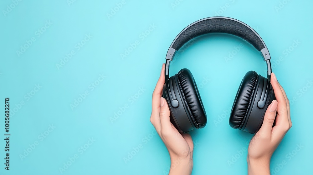 Poster close-up of hand adjusting headset at call center with copy space.
