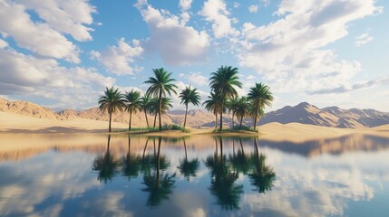 Fototapeta premium Serene oasis with palm trees reflecting in water.