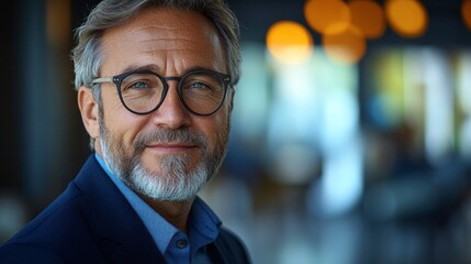 Fototapeta premium A man with glasses is smiling and looking at the camera