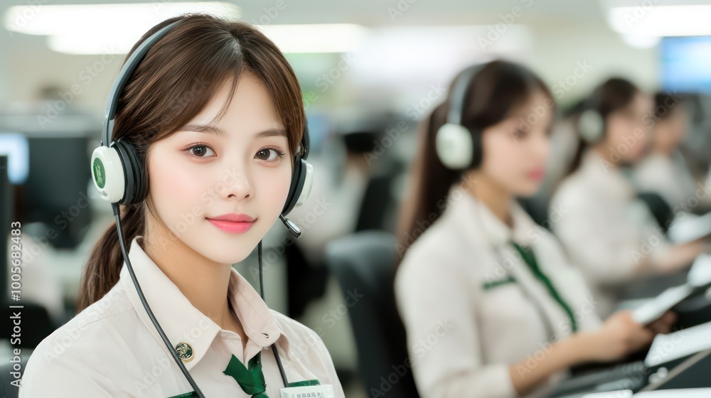 Poster professional call center agent taking notes in vibrant office setting with copy space