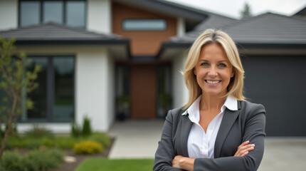 Confident Real Estate Agent Smiling in Front of Modern Luxury Home &ndash; Realtor Headshot for Real Estate Marketing and Property Listing