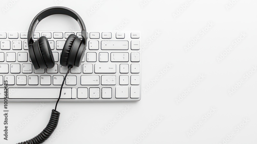 Poster minimalist office desk with headset and copyspace for text usage
