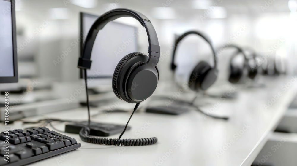 Poster neat rows of headsets in modern office cubicles with copy space for communication concept