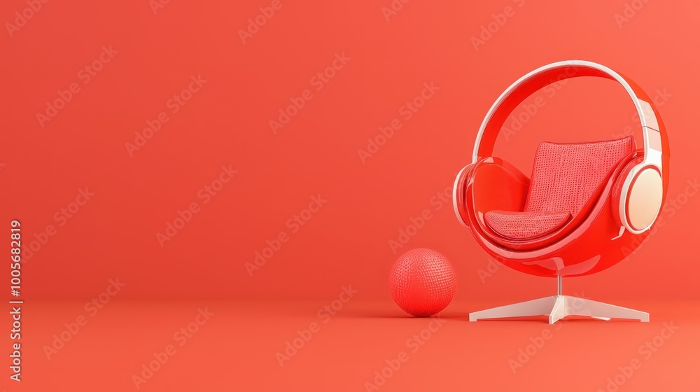 Poster minimalist call center workspace with single chair and headset in isolated background