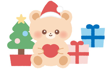 サンタクロースのクマのキャラクターとクリスマスツリーとプレゼントのセット