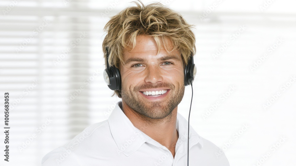 Poster professional customer support representative assisting customers in bright office space with copy sp