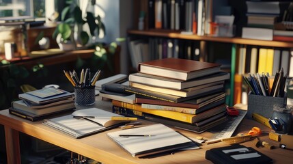 A collection of books neatly stacked on a table with scattered stationery including rulers, pens, and notepads, creating a cozy, realistic workspace scene