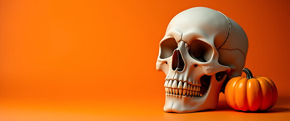 Human Skull with Pumpkin on Orange Background with Copy Space