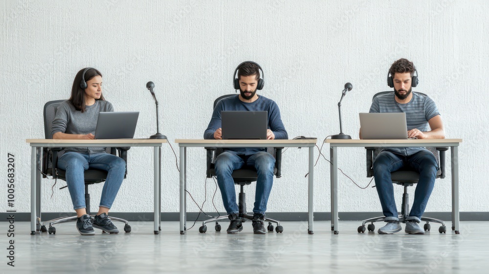 Poster modern professional call center setup with branding space from top view