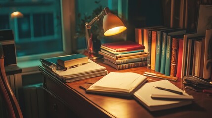 A cozy study table with various books and colorful stationery, including pens and notebooks, creating a realistic and inviting workspace scene