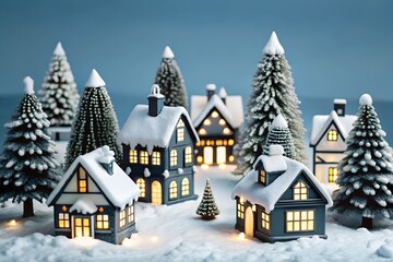 Fototapeta premium A snowy Christmas village with blue-toned houses and glowing lights. The serene winter scene showcases snow-covered rooftops and twinkling festive trees, creating a peaceful holiday atmosphere.